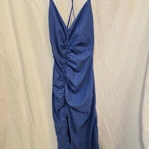 Zara‎ Y2K Ruched Bodycon Spaghetti Linen M Blue Womens Dress